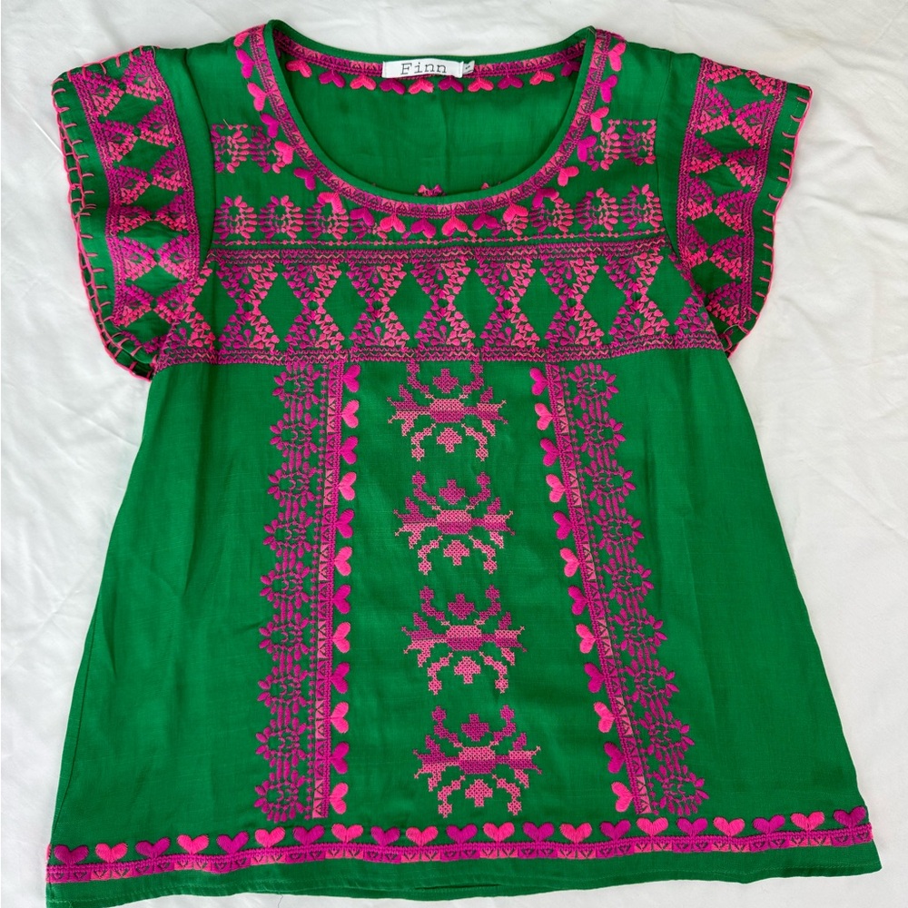 Elegant Green Blouse with Pink Embroidery